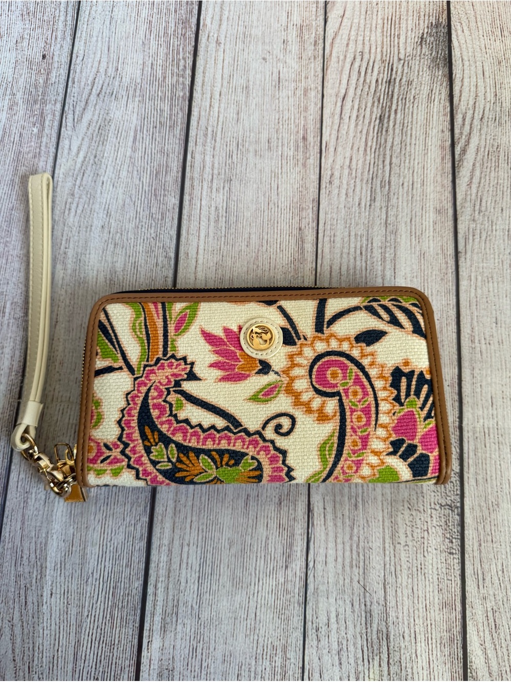 Spartina Paisley Print Zipper Clutch Wallet Leather Linen